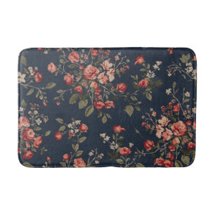 Dark Navy Blue Red Sage Cottage Floral Bath Mat