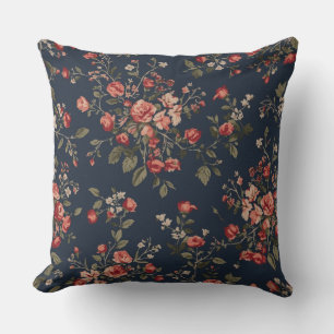 Dark Navy Blue Red Sage Cottage Floral Throw Pillow