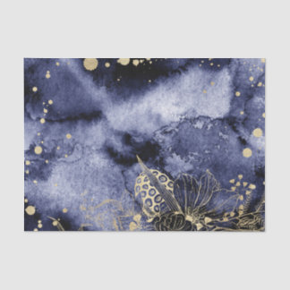 Dark Navy Blue Water Colour with gold flower 2 Tissue Paper