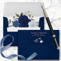 Dark Navy Blue Watercolor Floral Elegant Wedding