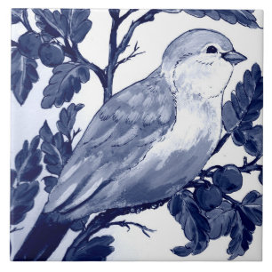 Dark Navy Blue White Bird & Cherry Tree Cobalt Tile