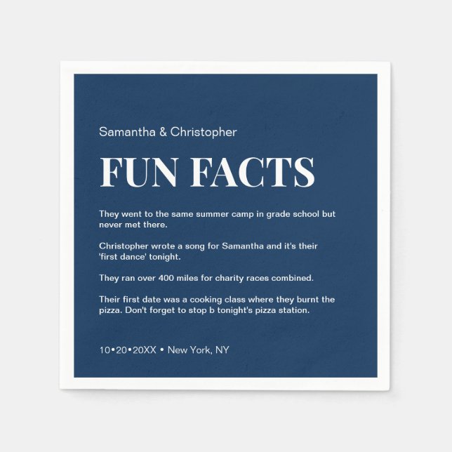 Dark Navy blue white Custom fun fact list Wedding  Napkin (Front)