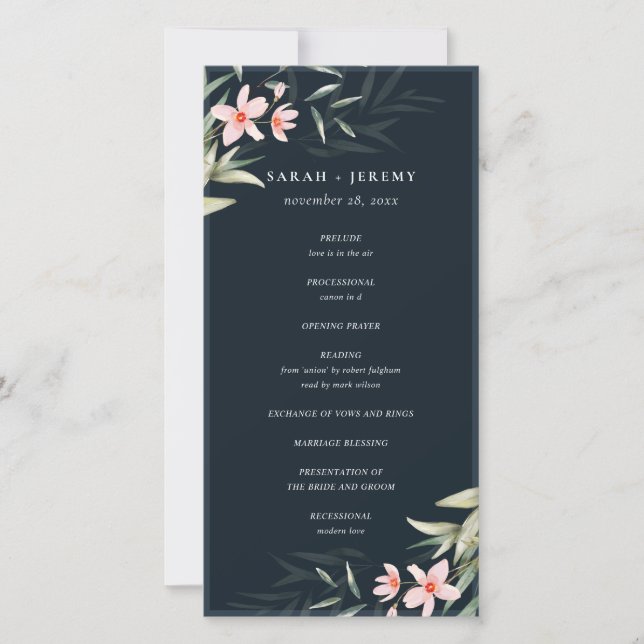Dark Navy Blush Green Programme de mariage floral (Devant)