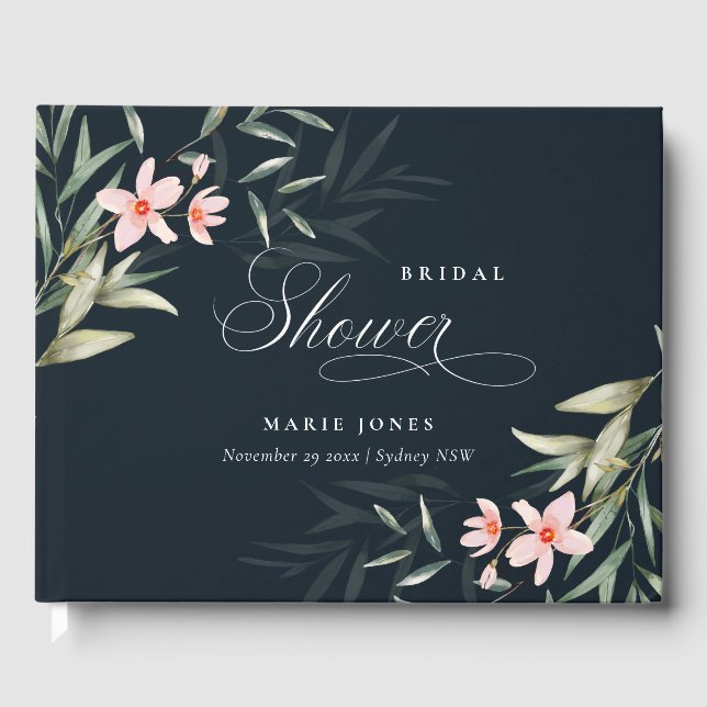 Dark Navy Blush Greenery Flora Bunch Bridal Shower Guest Book (Front)