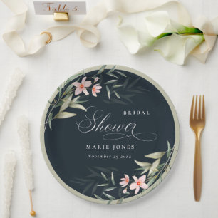 Dark Navy Blush Greenery Floral Bridal Shower Paper Plate