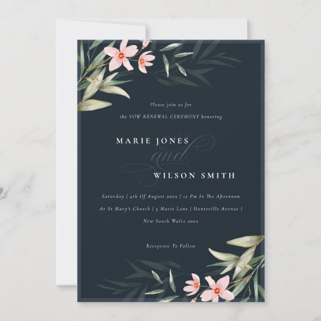 Dark Navy Blush Greenery Floral Vow Renewal Invite (Front)