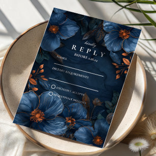 Dark Navy Botanical Romance RSVP Card