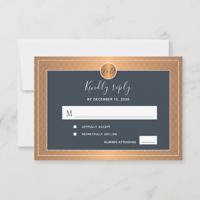 Dark navy copper metallic monogrammed wedding RSVP card (Front)