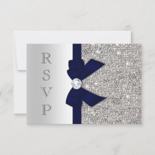 Dark Navy Faux Bow Silver Sequins Diamond RSVP Card