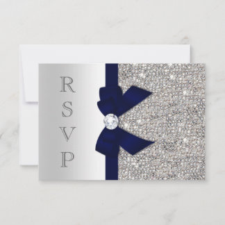 Dark Navy Faux Bow Silver Sequins Diamond RSVP Card