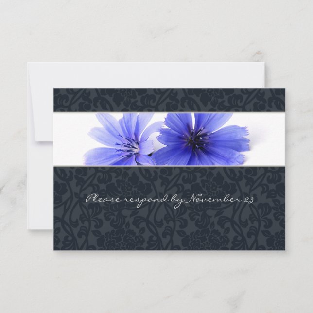Dark Navy Floral Damask rsvp with envelope Card (Front)