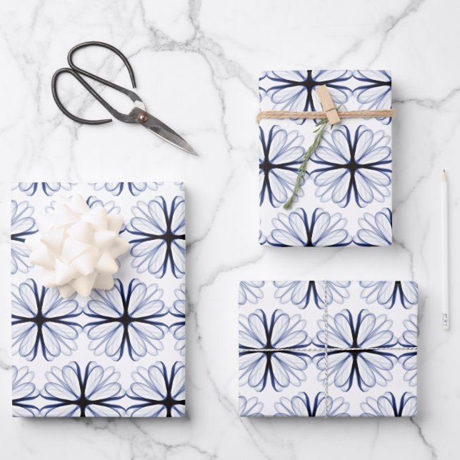 Dark Navy Flower Design Customizable Background  Wrapping Paper Sheet (Front)