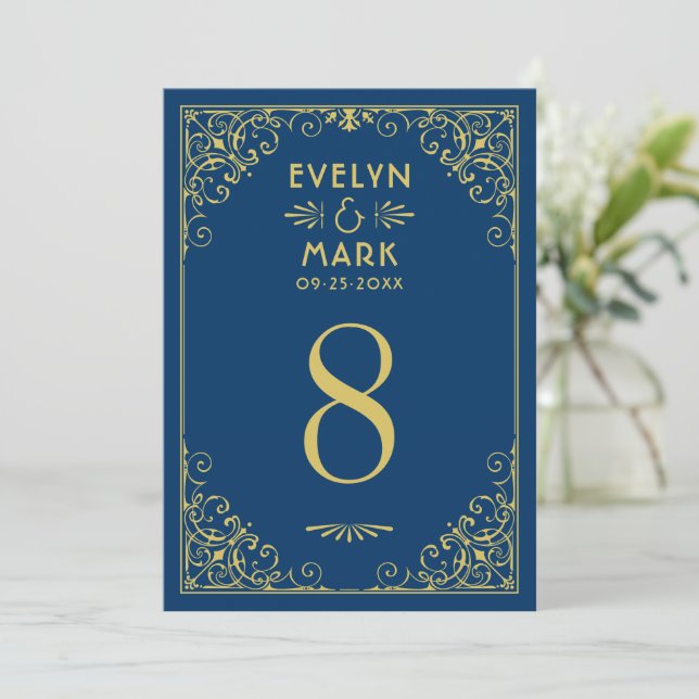 Dark Navy Gold Art Deco Wedding Table Number (Standing Front)