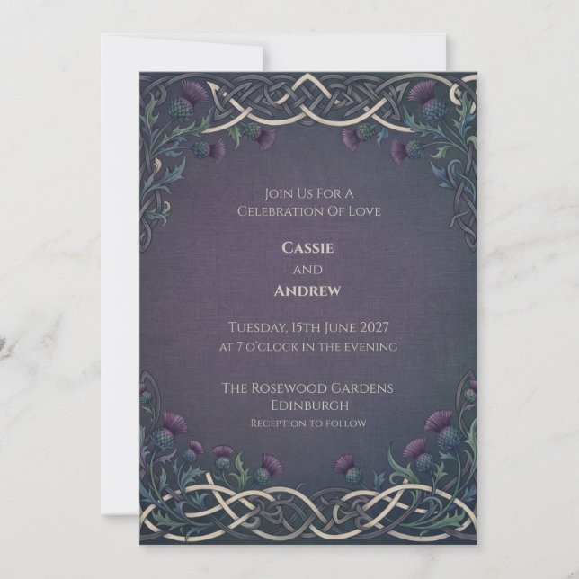 Dark Navy Gold Celtic Thistle Scottish Wedding Invitation (Front)