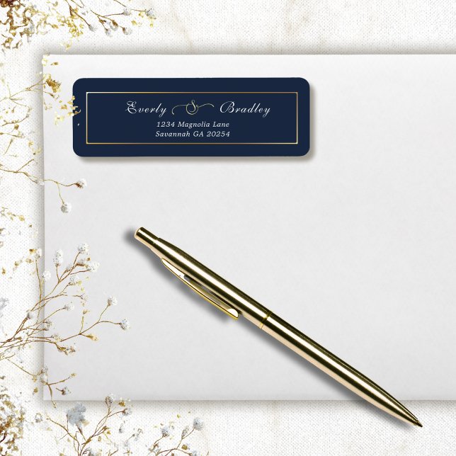Dark Navy Gold Frame Elegant Return Address (Créateur téléchargé)