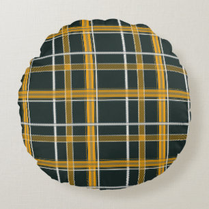 Dark Navy Gold Plaid Aesthetic Round Pillow