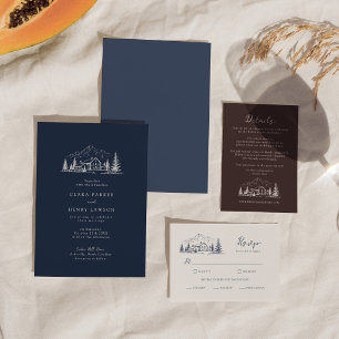 Dark Navy Lodge Winter Wedding Invitation