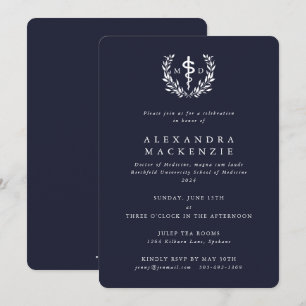 Dark Navy MD Asclepius + Laurel Wreath Graduation Invitation