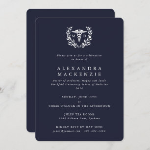 Dark Navy MD Caduceus+Laurel Wreath Graduation Invitation