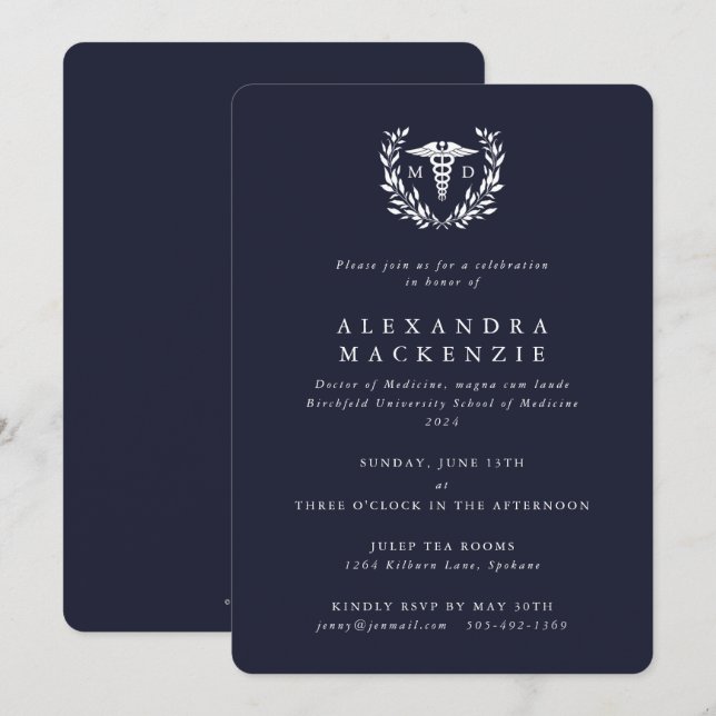 Dark Navy MD Caduceus+Laurel Wreath Graduation Invitation (Front/Back)