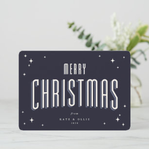 Dark Navy Merry Christmas Retro Stars Flat Holiday Card