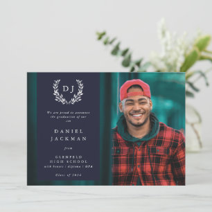 Dark Navy Monogram Laurel Wreath Graduation Photo Announcement