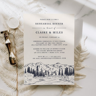 Dark Navy   Mountain Sketch Rehearsal Dinner Invitation