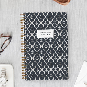 Dark Navy Nautical Anchor Ogee Personalized Notebook