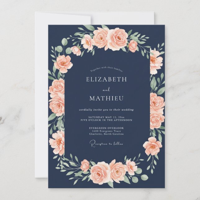 Dark Navy Peach Botanical Wedding Invitation (Front)