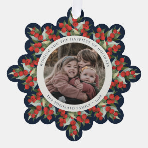Dark Navy Red Berries+Greenery Holiday Paper Ornament Card