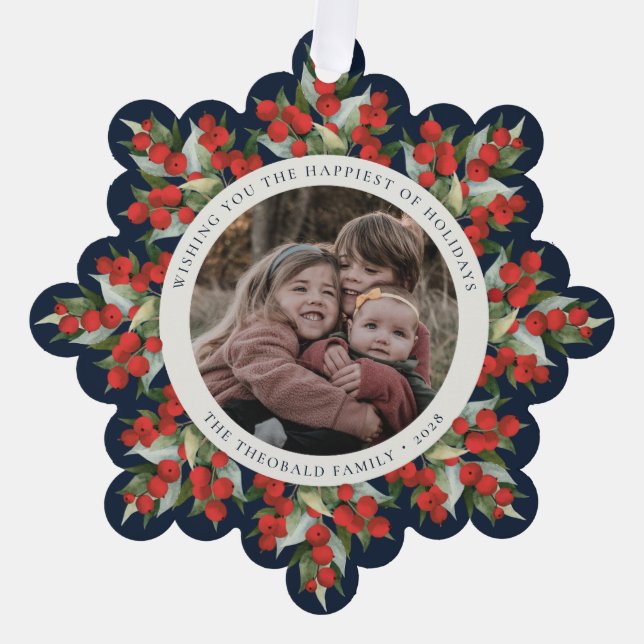 Dark Navy Red Berries+Greenery Holiday Paper Ornament Card (Front)