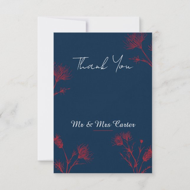 Dark Navy Red Protea Wedding Thank You Card (Front)