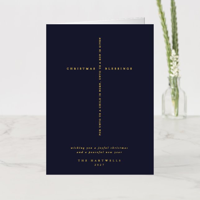 Dark Navy Scripture Cross Christmas/Holiday Foil Greeting Card (Flower)