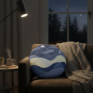Dark Navy Sky Watercolor Waves Single Star Celesti Round Pillow