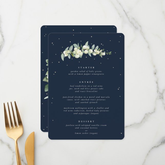 Dark Navy Snowberry+Eucalyptus 3 Course Wedding Menu (Front/Back In Situ)