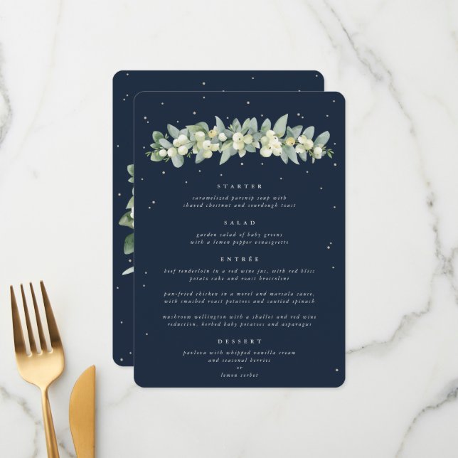 Dark Navy Snowberry+Eucalyptus 4 Course Wedding Menu (Front/Back In Situ)