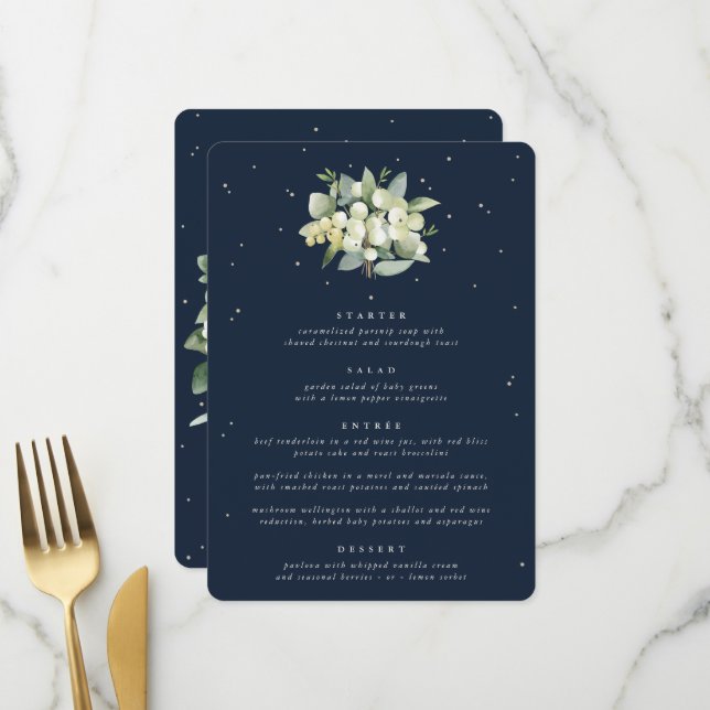 Dark Navy Snowberry+Eucalyptus 4 Course Wedding Menu (Front/Back In Situ)