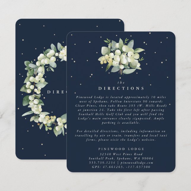 Dark Navy Snowberry+Eucalyptus Bouquet Directions Enclosure Card (Front/Back)