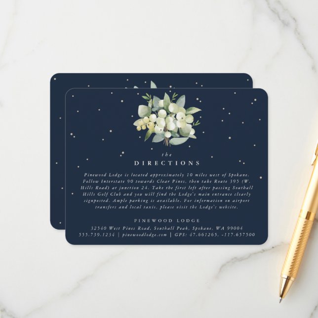 Dark Navy Snowberry+Eucalyptus Bouquet Directions Enclosure Card (Front/Back In Situ)
