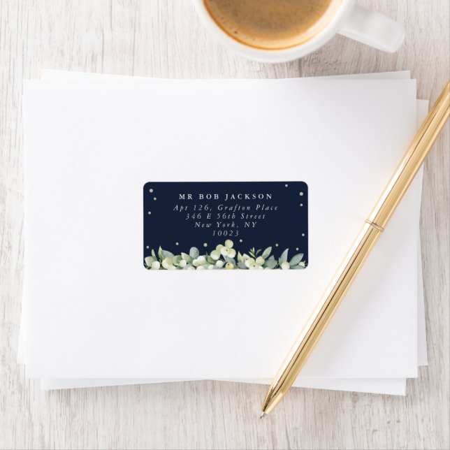 Dark Navy Snowberry+Eucalyptus Étiquette de adress (En situation)