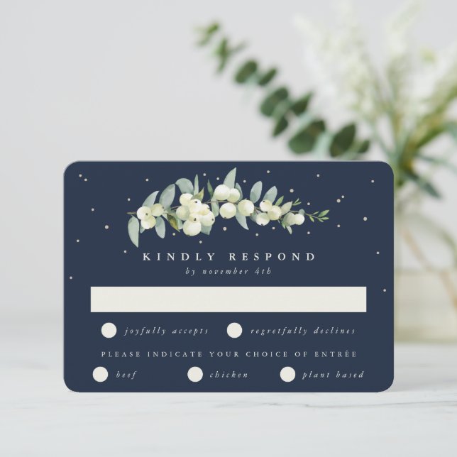 Dark Navy Snowberry+Eucalyptus Stem Winter Wedding RSVP Card (Standing Front)