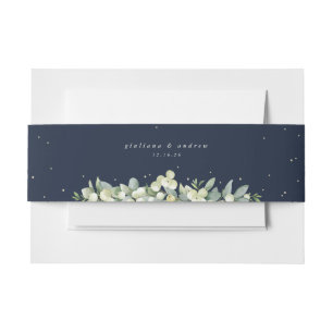 Dark Navy Snowberry+Eucalyptus Wedding Landscape Invitation Belly Band