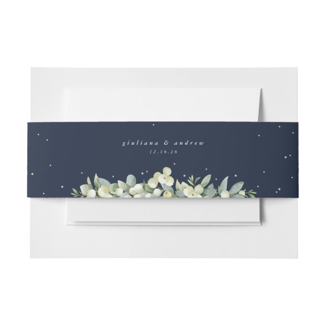 Dark Navy Snowberry+Eucalyptus Wedding Landscape Invitation Belly Band (Front Example)