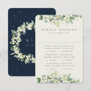 Dark Navy Snowberry+Eucalyptus Wedding Multi-Event RSVP Card