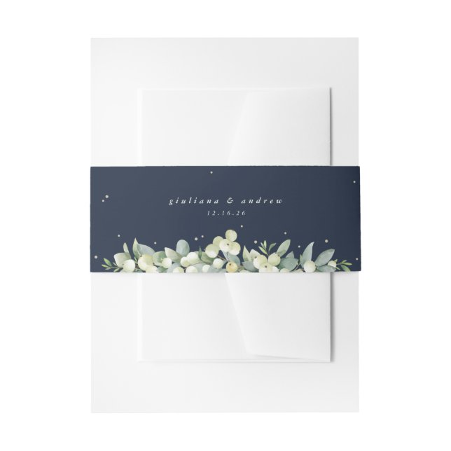 Dark Navy Snowberry+Eucalyptus Wedding Portrait Invitation Belly Band (Front Example)