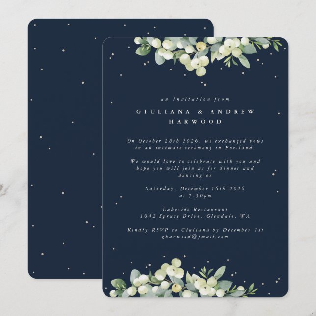 Dark Navy Snowberry+Eucalyptus Wedding Reception Invitation (Front/Back)