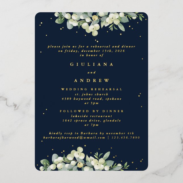 Dark Navy Snowberry+Eucalyptus Wedding Rehearsal (Front)