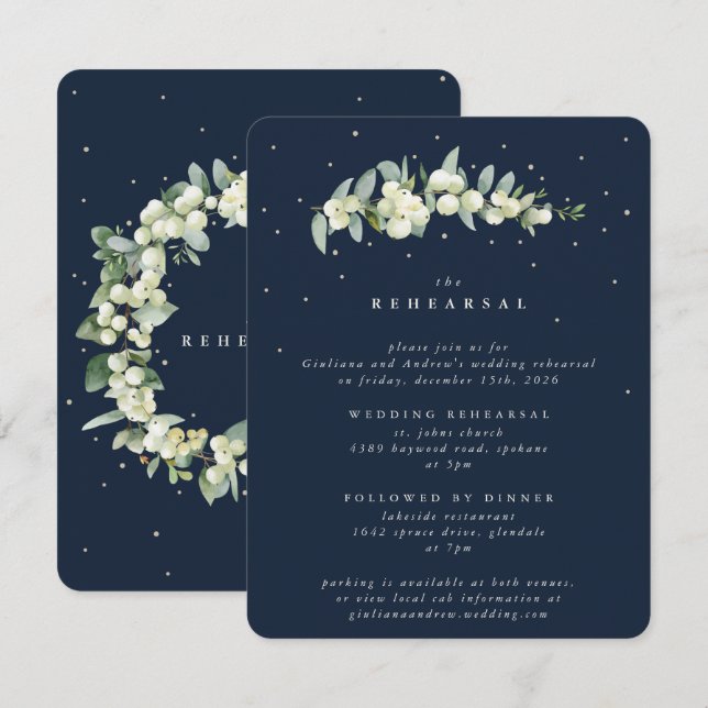 Dark Navy Snowberry+Eucalyptus Wedding Rehearsal Enclosure Card (Front/Back)