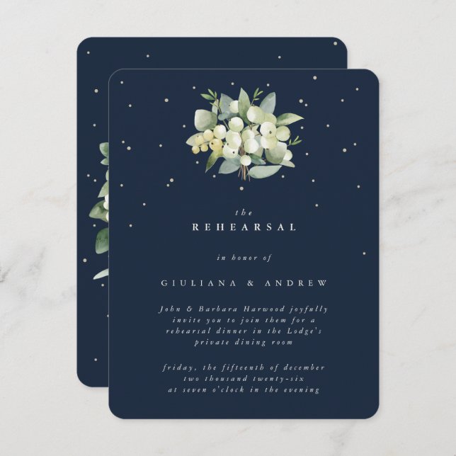 Dark Navy Snowberry+Eucalyptus Wedding Rehearsal Enclosure Card (Front/Back)