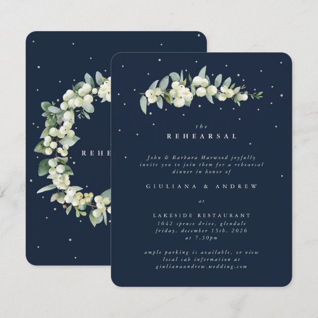 Dark Navy Snowberry+Eucalyptus Wedding Rehearsal Enclosure Card (Front/Back)